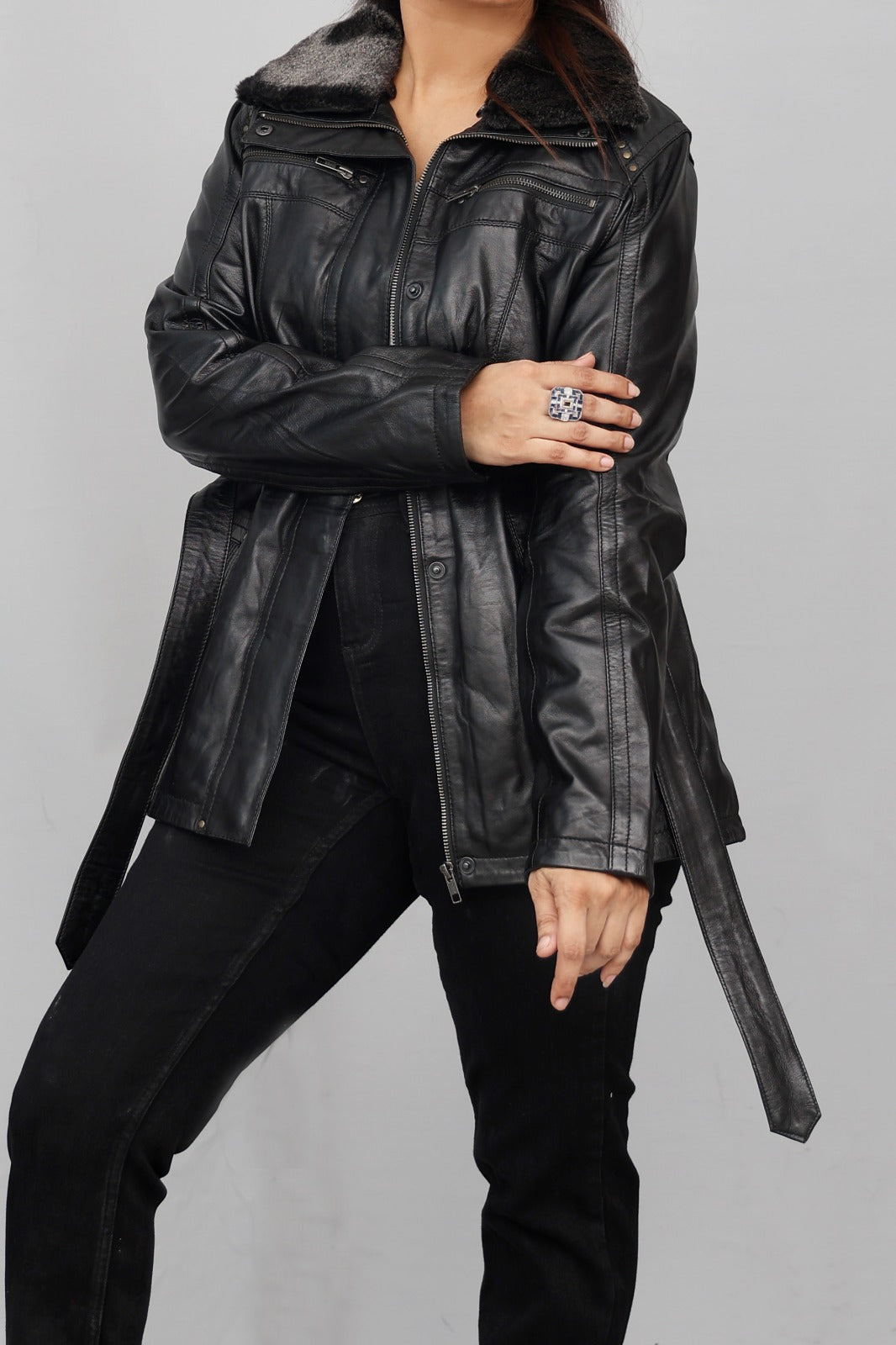 ZH-4 Black Luxe Shearling Leather Jacket – 2-in-1 Removable Fur Collar Edition