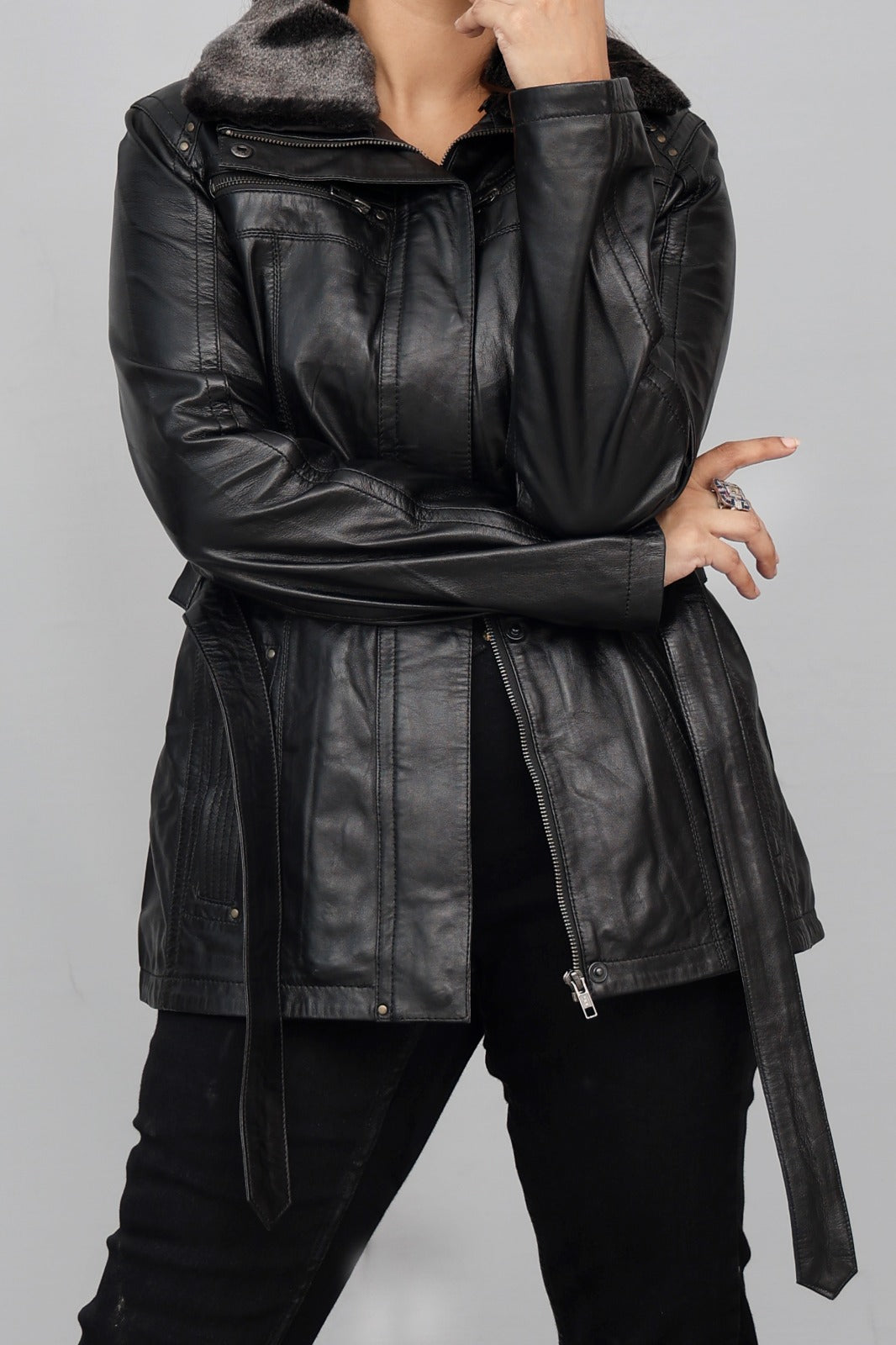 ZH-4 Black Luxe Shearling Leather Jacket – 2-in-1 Removable Fur Collar Edition