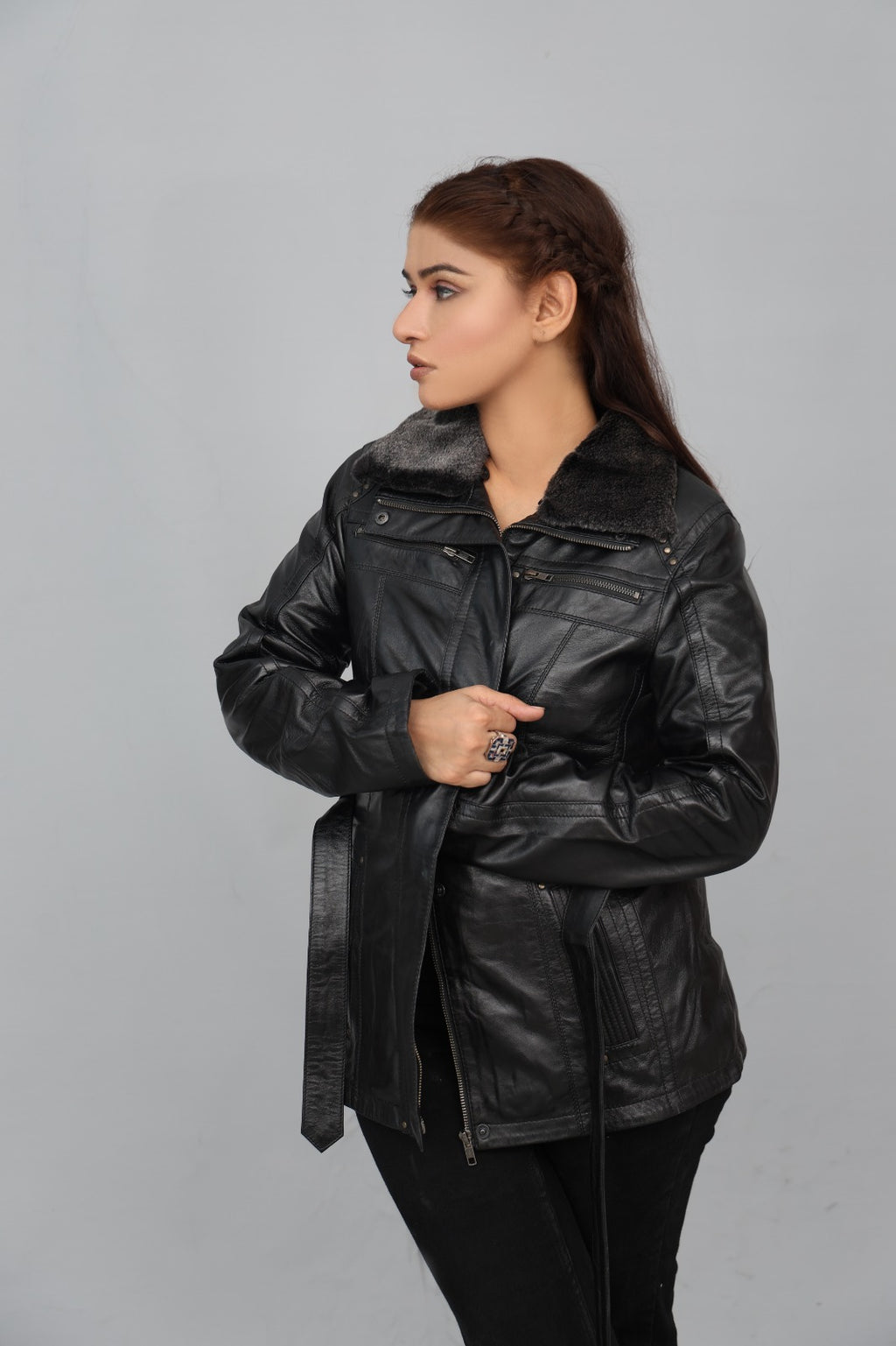 ZH-4 Black Luxe Shearling Leather Jacket – 2-in-1 Removable Fur Collar Edition